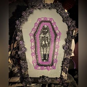 19”x14.5” handmade crochet coffin skeleton doily in handmade rose coffin frame
